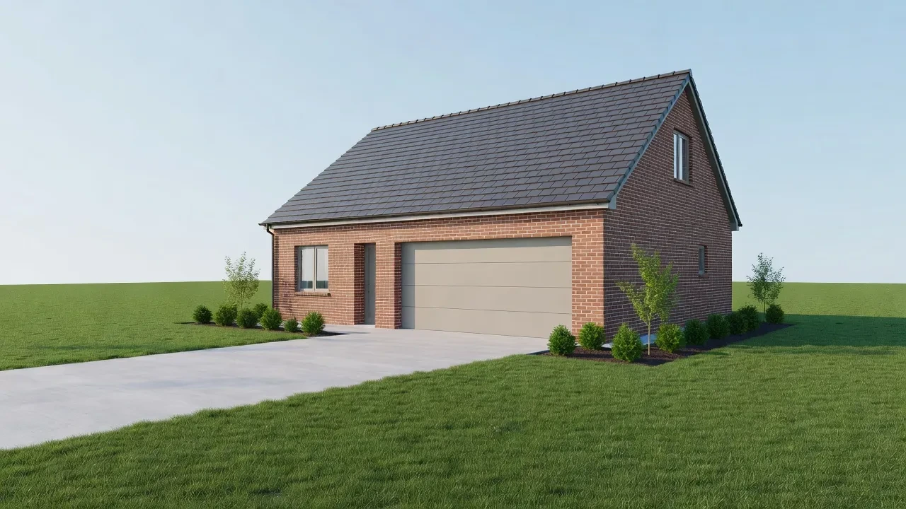 Newly built detached brick house with tiled roof, driveway and lawn in soft daylight