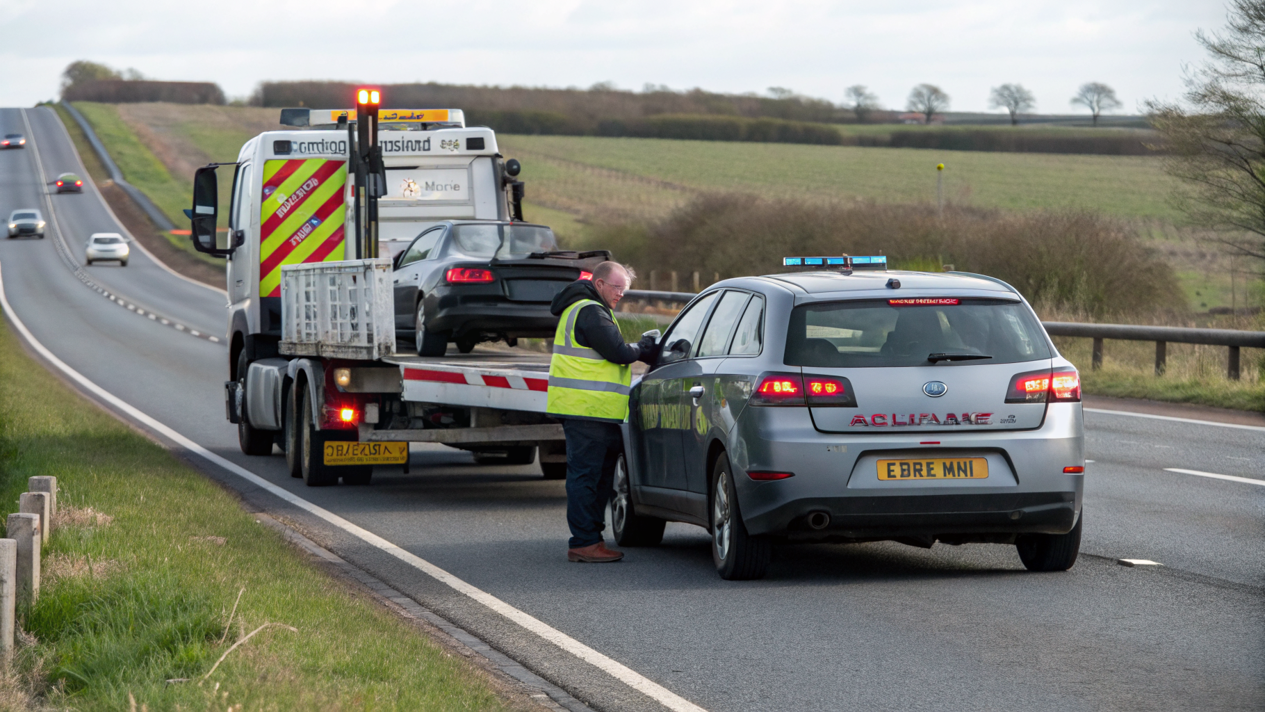 Recovery driver safely securing a car onto a flatbed transport truck
