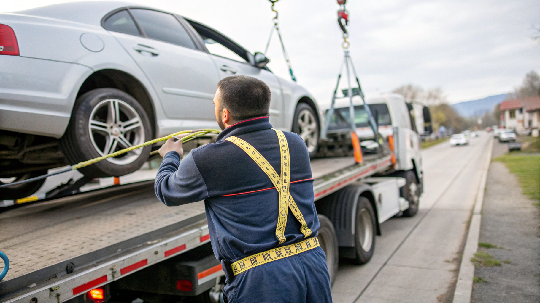 Recovery driver securing a car onto a flatbed transport truck