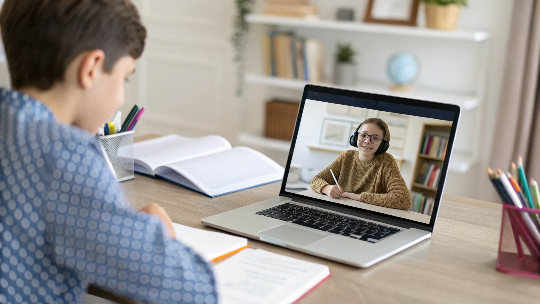 Student on a laptop video call having a one-to-one online tutoring lesson at home