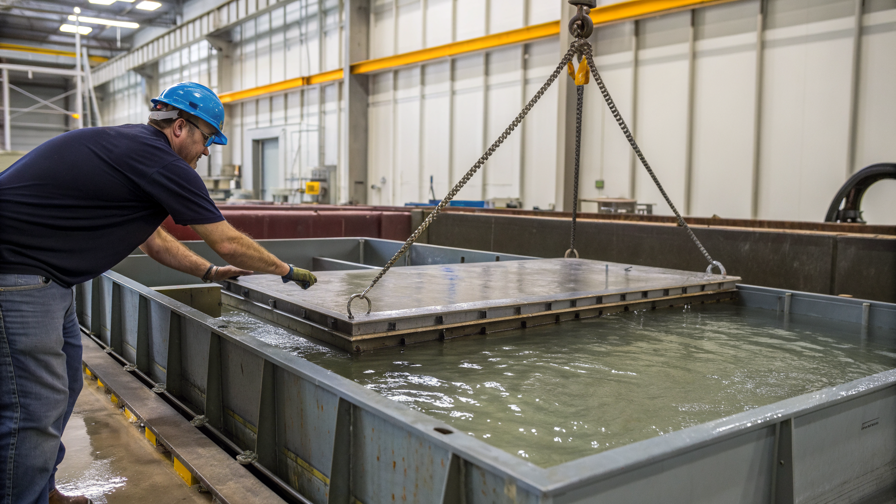 Technician guiding an architectural steel panel into a large electroplating tank