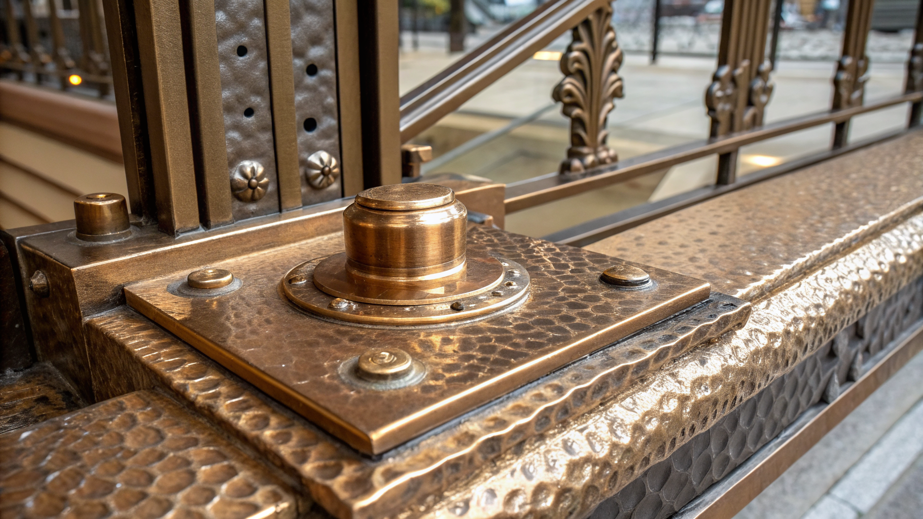 Close-up of a bronze-plated architectural metal component with a bespoke, hand-finished surface