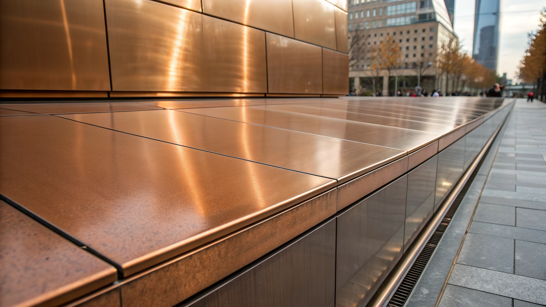 Reflective copper-plated architectural metal panel showing a smooth, consistent finish