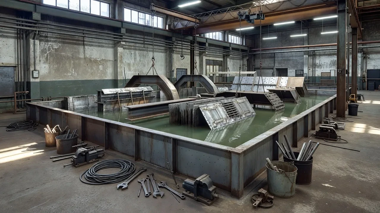 Large architectural metal components being electroplated in a high-capacity industrial tank