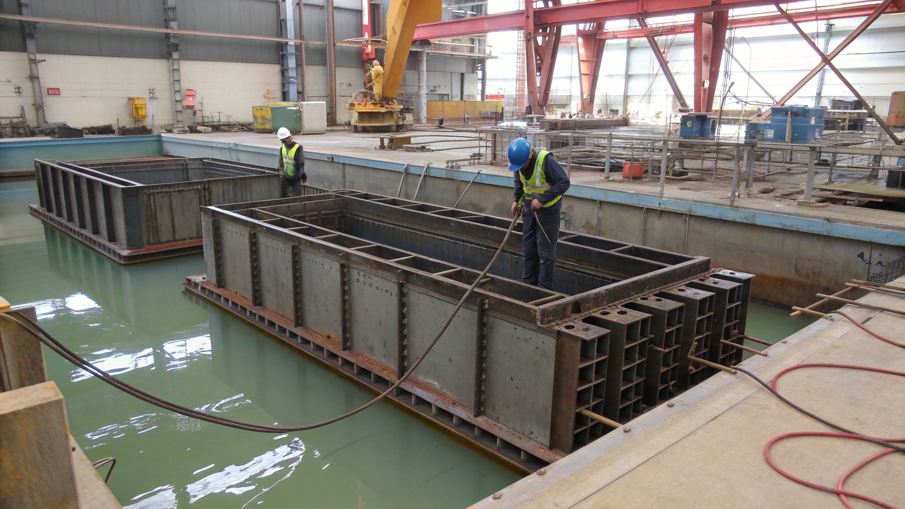 Large architectural metal components being electroplated in a high-capacity industrial tank