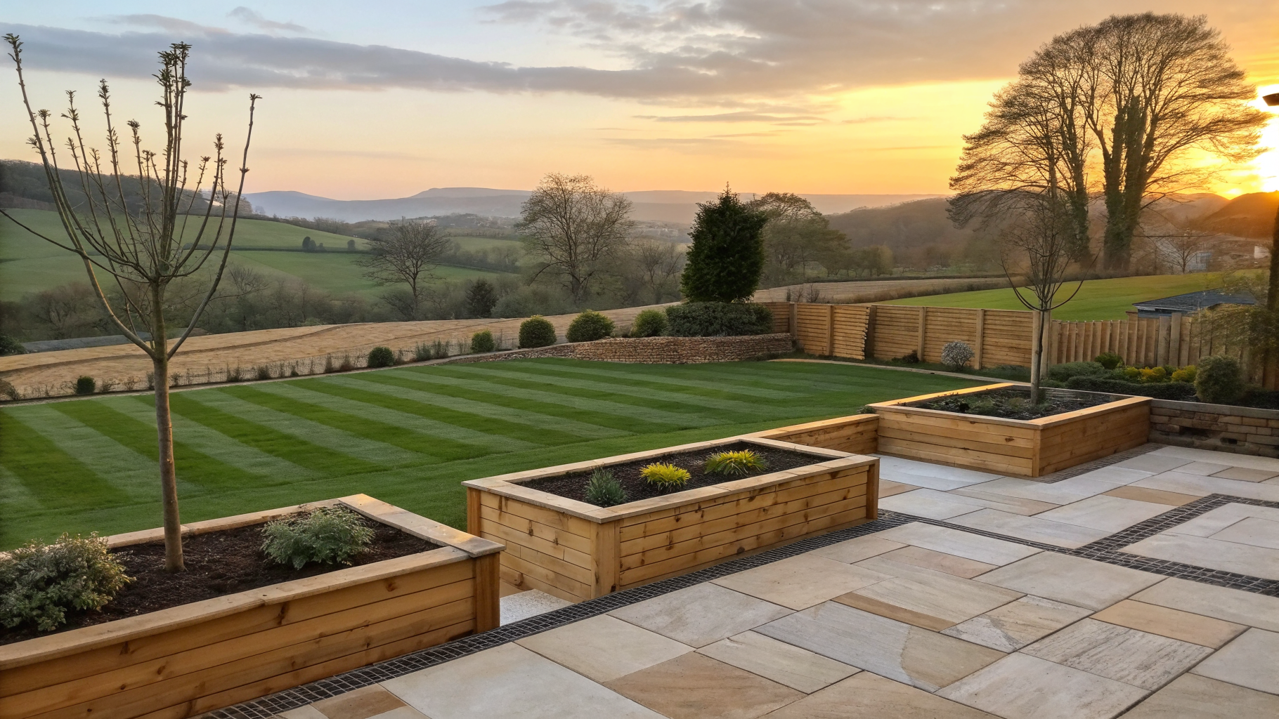 Freshly landscaped garden with sandstone patio, striped lawn and timber planters at sunset
